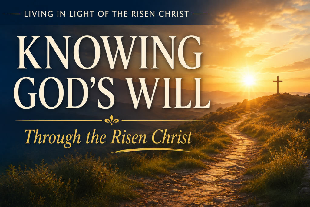 Alt text: Inspirational Christian graphic featuring a sunrise over a mountain pathway leading toward a cross on a hill, with the title “Knowing God’s Will Through the Risen Christ” and the series heading “Living in Light of the Risen Christ.”