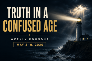 Servants of Grace Weekly Roundup May 3–9 2026 graphic featuring a lighthouse shining through storm clouds with the text Truth in a Confused Age