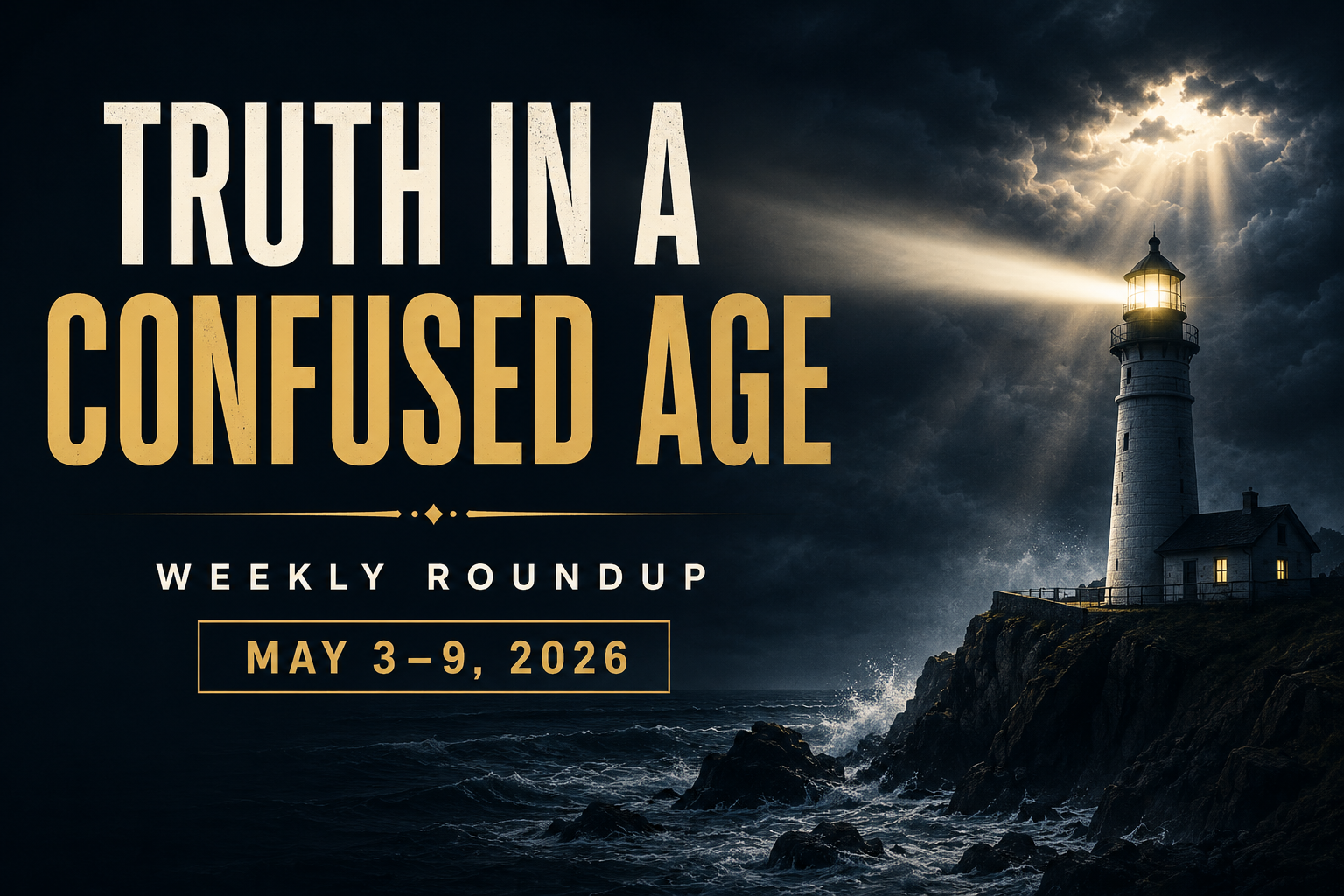 Servants of Grace Weekly Roundup May 3–9 2026 graphic featuring a lighthouse shining through storm clouds with the text Truth in a Confused Age