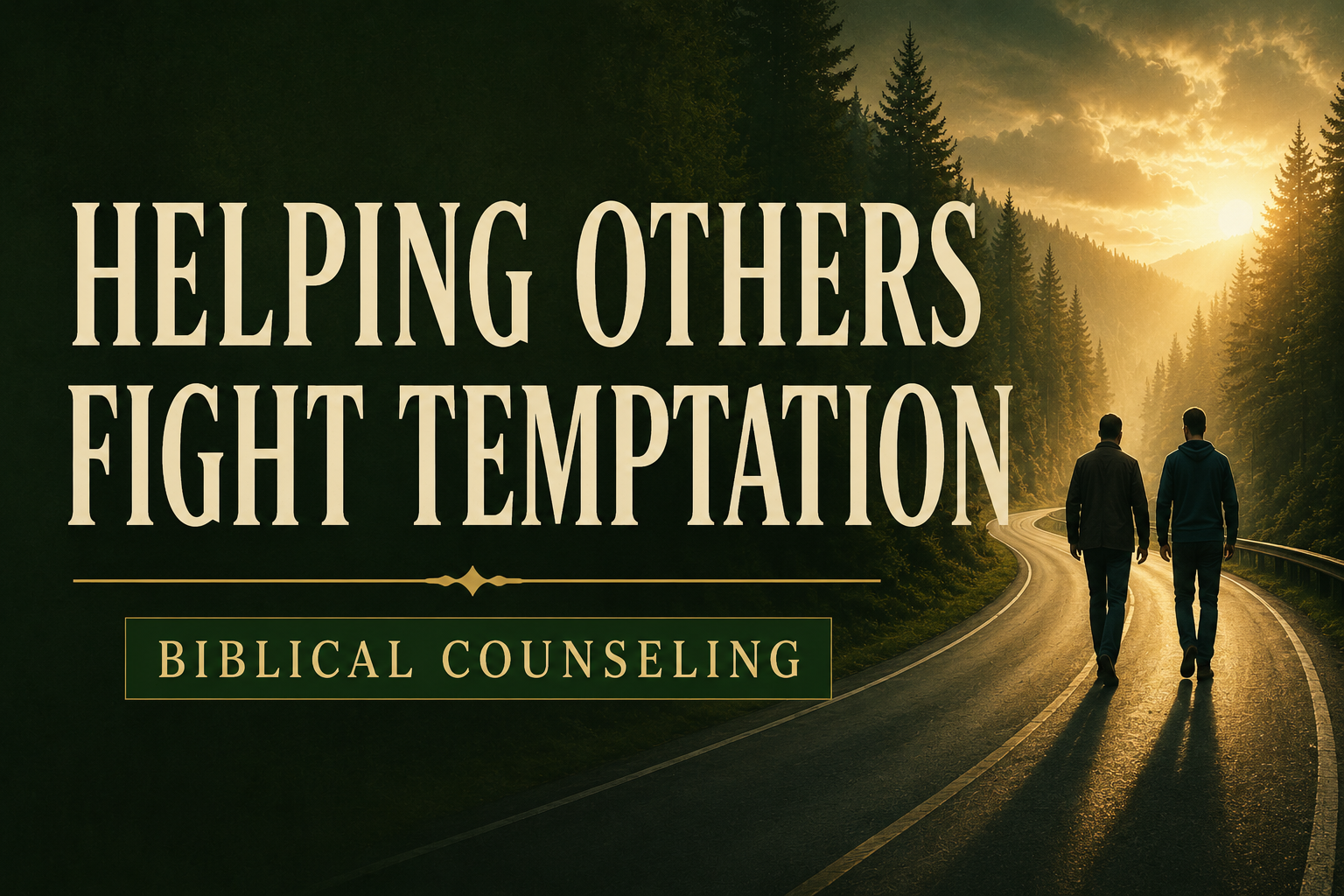 Thumbnail graphic for the article “Helping Others Fight Temptation” featuring two silhouetted men walking down a winding forest road at sunrise with warm golden light and the subtitle “Biblical Counseling.”