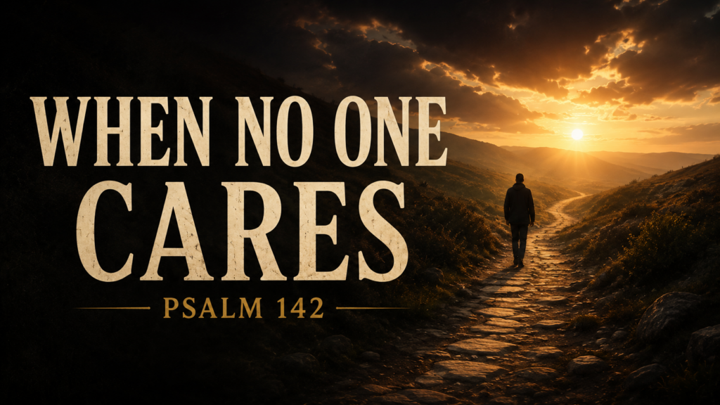 Psalm 142 Explained: God Is Your Refuge When You Feel Alone 2 A solitary figure walks along a rocky path toward a glowing sunrise beneath dramatic clouds while large serif text reads “WHEN NO ONE CARES” with “Psalm 142” below in warm gold lettering.