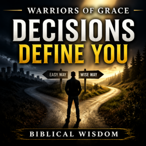Biblical decision making for men showing a man at a crossroads choosing between impulsive living and godly wisdom guided by Scripture, prayer, and truth