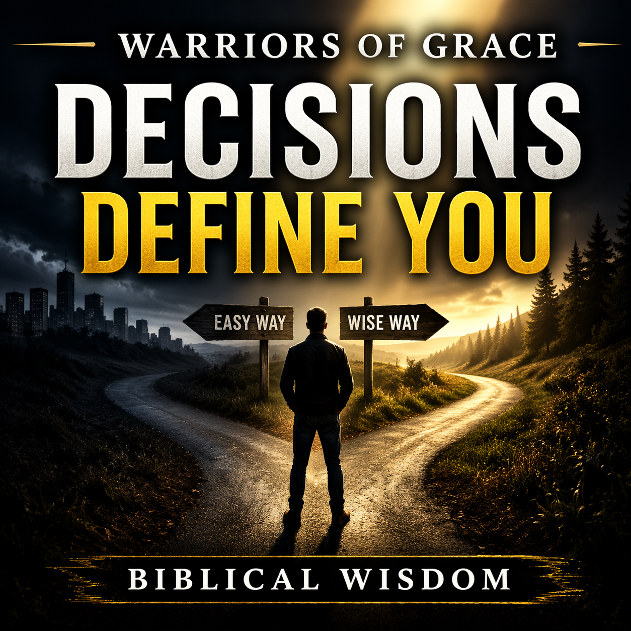 Biblical decision making for men showing a man at a crossroads choosing between impulsive living and godly wisdom guided by Scripture, prayer, and truth