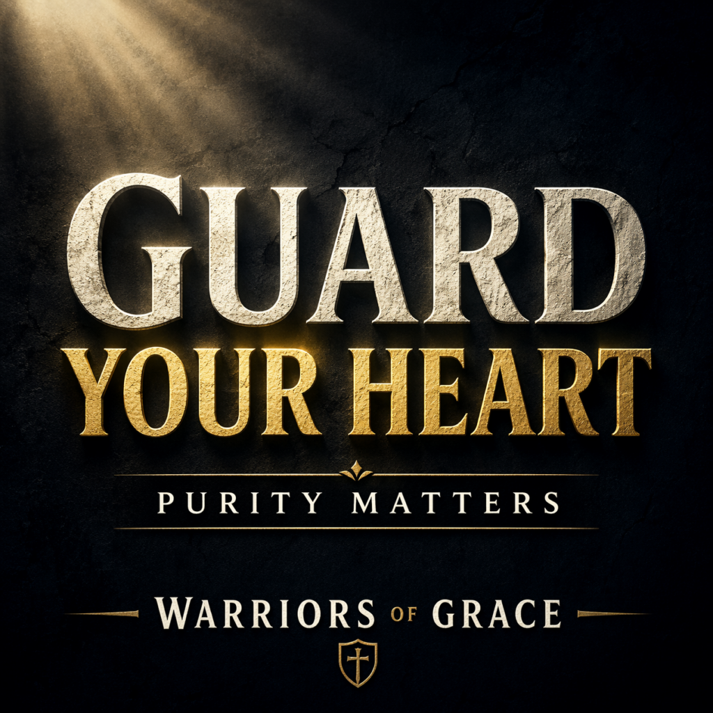 Dark Christian thumbnail with bold gold serif text “Guard Your Heart” and subtitle “Purity Matters” with light shining from above on a black background for Warriors of Grace podcast