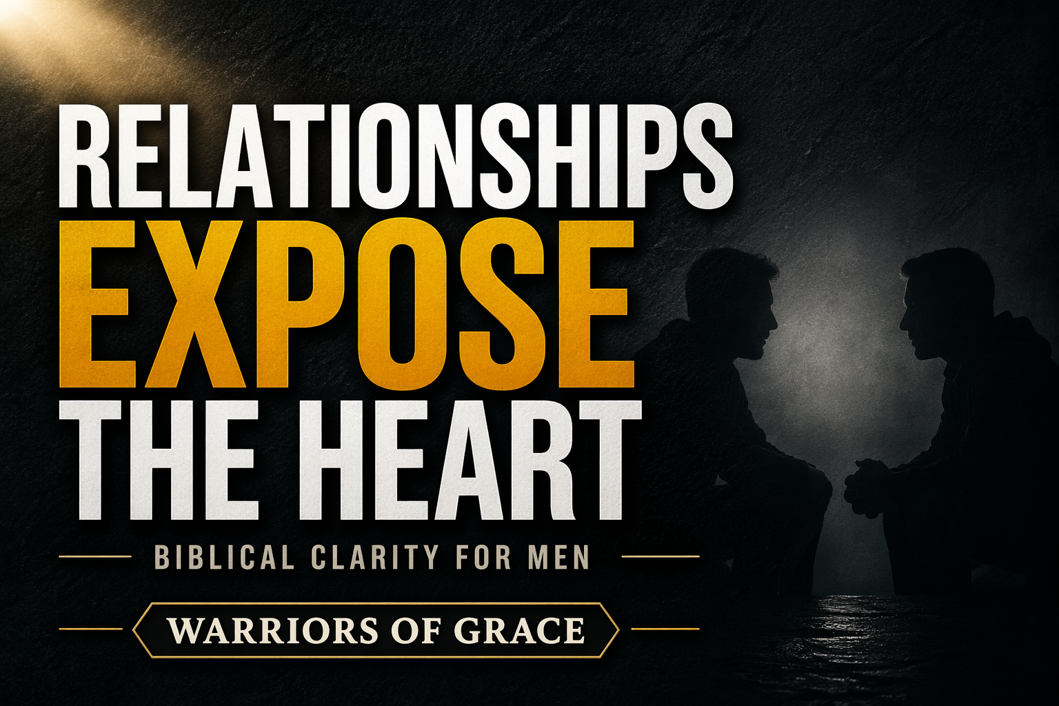 Biblical relationships thumbnail for a Warriors of Grace episode featuring two silhouetted men and the text “Relationships Expose the Heart.”
