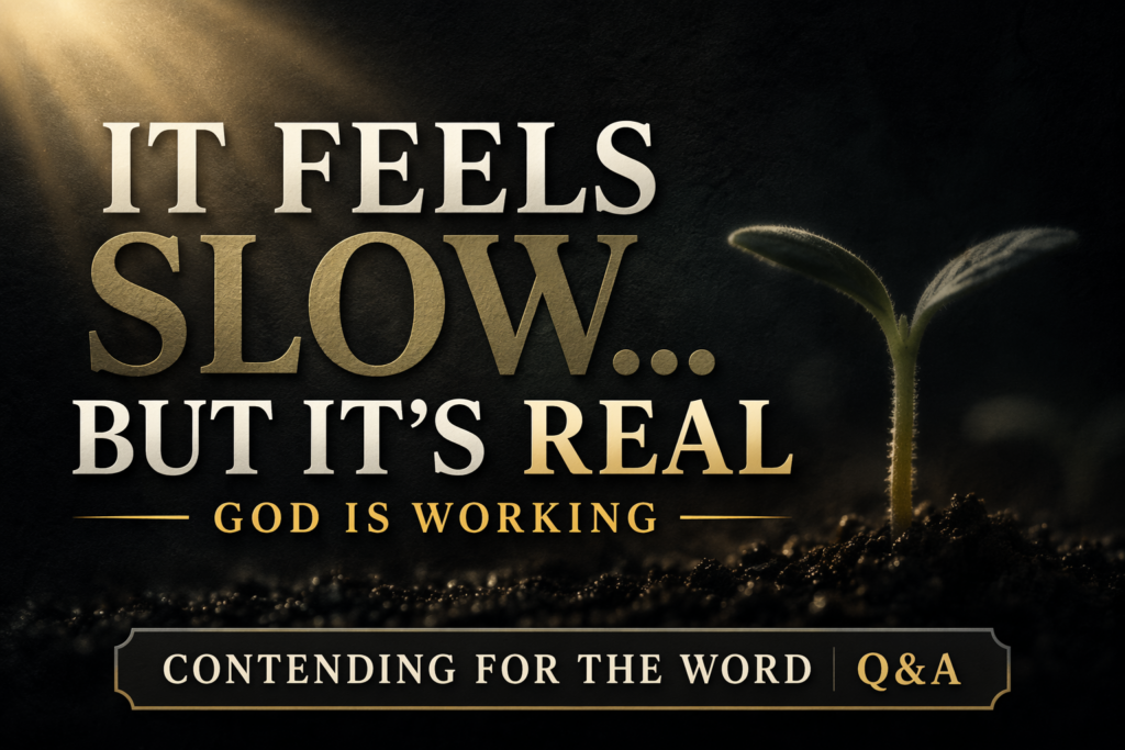 Dark charcoal background with soft light shining from the top left onto a small sprouting plant. Bold serif text reads “It Feels Slow… But It’s Real” with smaller text “God Is Working” and a bottom label “Contending for the Word Q&A.”
