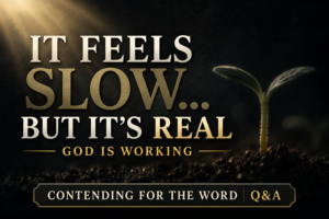 Dark charcoal background with soft light shining from the top left onto a small sprouting plant. Bold serif text reads “It Feels Slow… But It’s Real” with smaller text “God Is Working” and a bottom label “Contending for the Word Q&A.”