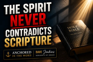 Holy Bible illuminated by light with bold text reading “The Spirit Never Contradicts Scripture” in a dark, dramatic setting