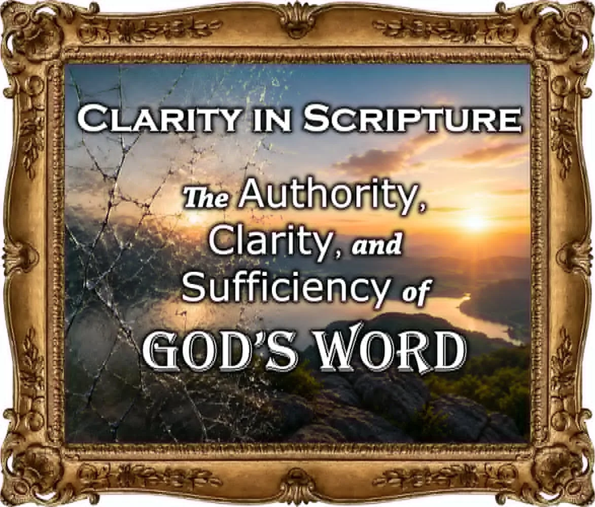 Defending the Clarity of God’s Word in a Skeptical Age 2 Illustration for “Clarity in Scripture: The Authority, Clarity, and Sufficiency of God’s Word,” featuring a sunrise landscape framed by an ornate gold border with cracked-glass texture symbolizing clarity breaking through confusion and distortion.