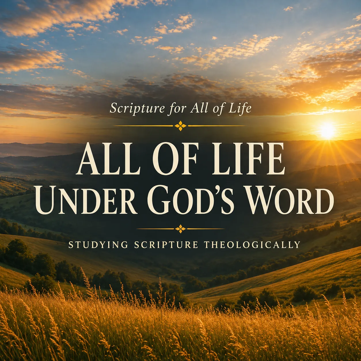 Sunrise over rolling hills with text about studying Scripture and living all of life under God’s Word