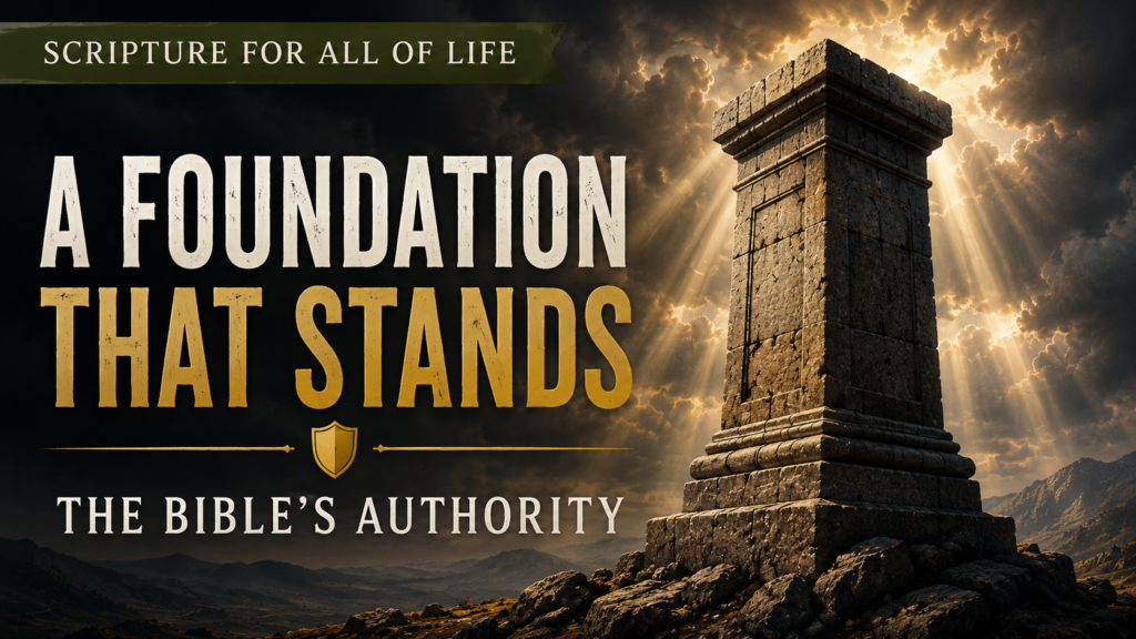 The Bible’s Authority: Why It Matters 1 Authority illustrated through a massive ancient stone pillar standing on a rocky foundation beneath dark storm clouds. Brilliant rays of sunlight break through the clouds, illuminating the pillar and symbolizing the enduring authority and trustworthiness of God's Word. The thumbnail features the text “A Foundation That Stands” and “The Bible's Authority” for the Scripture for All of Life series.