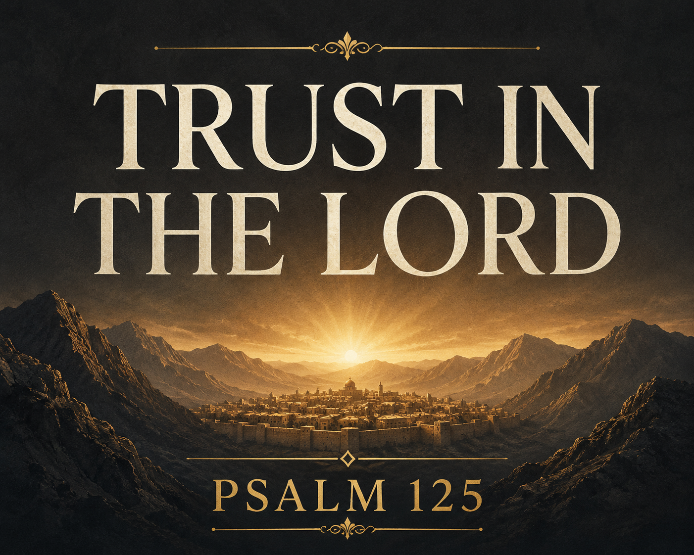 A Psalm 125 podcast thumbnail featuring mountain silhouettes surrounding a distant city with cream serif text reading "Trust in the Lord" and muted gold text reading "Psalm 125" against a deep charcoal background with a soft golden sunrise.