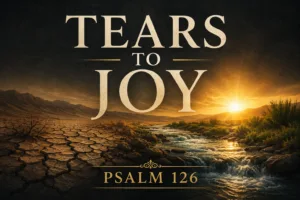 A dramatic Psalm 126 podcast thumbnail featuring a cracked, dry desert landscape transforming into a flowing stream beneath a golden sunrise. Large cream serif text reads “TEARS TO JOY,” with “PSALM 126” displayed below in muted gold. The deep charcoal background and warm sunlight symbolize God's restoration, faithfulness, and the promise that those who sow in tears will reap with shouts of joy.