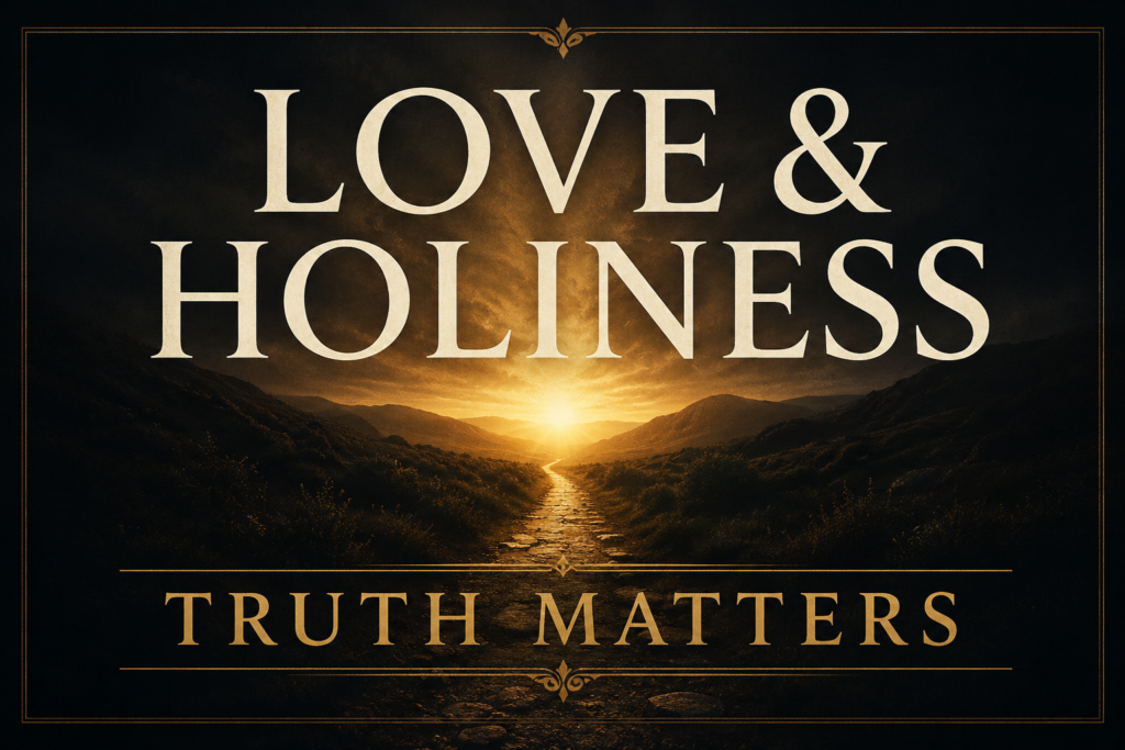 Love Rejoices with the Truth: Why Biblical Love and Holiness Belong Together 2 A deep charcoal-themed podcast thumbnail featuring a narrow stone pathway illuminated by warm golden light leading toward a distant sunrise between rugged hills. Large cream serif text reads “LOVE & HOLINESS,” with muted gold text below reading “TRUTH MATTERS.” The design conveys the biblical connection between truth, holiness, and love with a serious, pastoral tone for the Contending for the Word Q&A podcast.