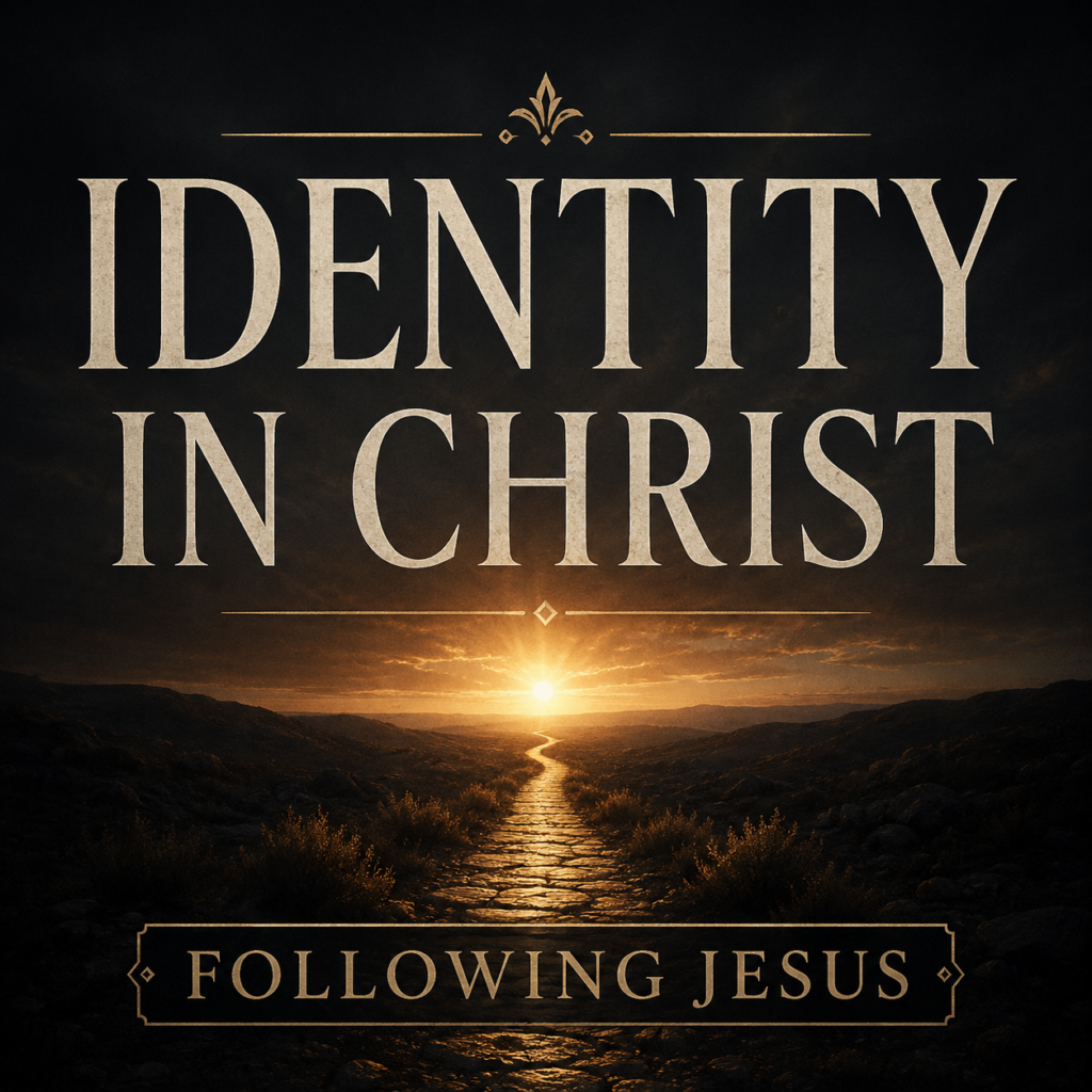 A narrow stone path stretches through a dark, rugged landscape toward a distant sunrise on the horizon. Warm golden light illuminates the path against a deep charcoal sky, symbolizing the believer's journey of faith and transformation in Christ. Large cream serif text reads “IDENTITY IN CHRIST,” with “FOLLOWING JESUS” displayed below in muted gold accents. The overall design conveys hope, discipleship, and a Christ-centered identity.