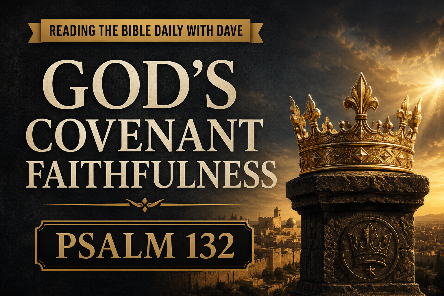 Psalm 132 devotional thumbnail featuring a golden crown illuminated by warm light above Jerusalem with the text God's Covenant Faithfulness and Psalm 132.