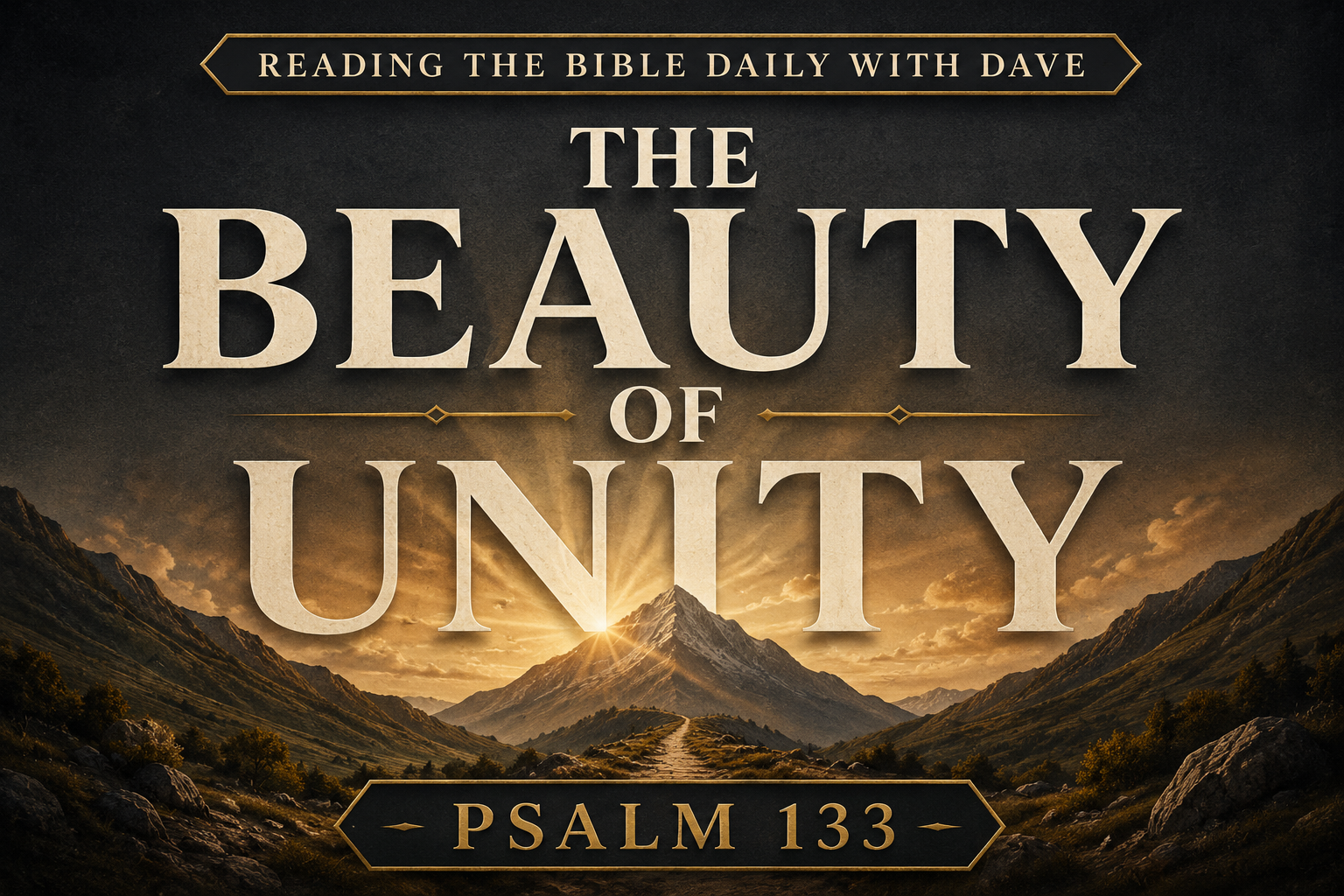 Thumbnail for Reading the Bible Daily with Dave featuring the title “The Beauty of Unity” over a dramatic mountain landscape. Three mountain ridges converge toward a central peak illuminated by warm golden light, with a pathway leading upward through the valley. A deep charcoal textured background, cream serif typography, and muted gold accents create a peaceful and hopeful atmosphere. Psalm 133 is displayed at the bottom, emphasizing the beauty and blessing of unity among God's people.
