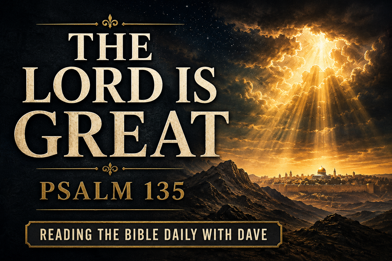 A reverent Psalm 135 thumbnail featuring a deep charcoal textured background with a majestic mountain range beneath a vast night sky. Brilliant golden light breaks through dramatic clouds, casting subtle rays across the landscape. A distant Jerusalem silhouette rests on the horizon, illuminated by the warm glow. Cream serif typography displays “THE LORD IS GREAT” as the main title, “PSALM 135” below, and “READING THE BIBLE DAILY WITH DAVE” in a small banner. Muted gold accents create an awe-inspiring and worshipful atmosphere that emphasizes God's greatness, sovereignty, and glory.