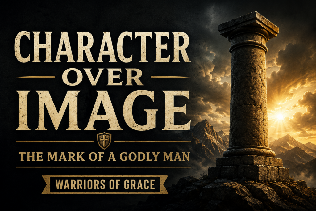 Integrity: The Courage to Walk Blamelessly 3 A dramatic podcast thumbnail featuring a massive stone pillar standing firmly on a rocky mountain ridge as storm clouds gather overhead. Brilliant golden sunlight breaks through the clouds behind the pillar, illuminating it against a deep charcoal sky. Large cream-colored serif text reads “CHARACTER OVER IMAGE,” with smaller text below stating “THE MARK OF A GODLY MAN.” A banner at the bottom reads “WARRIORS OF GRACE.” The image conveys strength, stability, faithfulness, and integrity in the face of adversity.