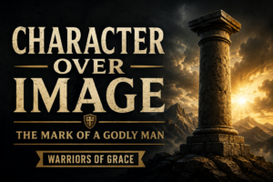 A dramatic podcast thumbnail featuring a massive stone pillar standing firmly on a rocky mountain ridge as storm clouds gather overhead. Brilliant golden sunlight breaks through the clouds behind the pillar, illuminating it against a deep charcoal sky. Large cream-colored serif text reads “CHARACTER OVER IMAGE,” with smaller text below stating “THE MARK OF A GODLY MAN.” A banner at the bottom reads “WARRIORS OF GRACE.” The image conveys strength, stability, faithfulness, and integrity in the face of adversity.