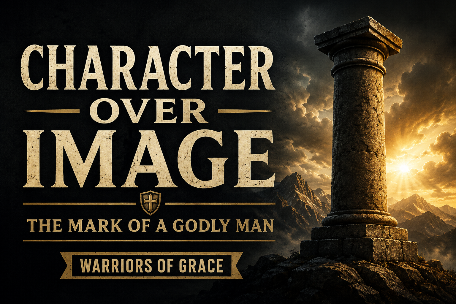 A dramatic podcast thumbnail featuring a massive stone pillar standing firmly on a rocky mountain ridge as storm clouds gather overhead. Brilliant golden sunlight breaks through the clouds behind the pillar, illuminating it against a deep charcoal sky. Large cream-colored serif text reads “CHARACTER OVER IMAGE,” with smaller text below stating “THE MARK OF A GODLY MAN.” A banner at the bottom reads “WARRIORS OF GRACE.” The image conveys strength, stability, faithfulness, and integrity in the face of adversity.