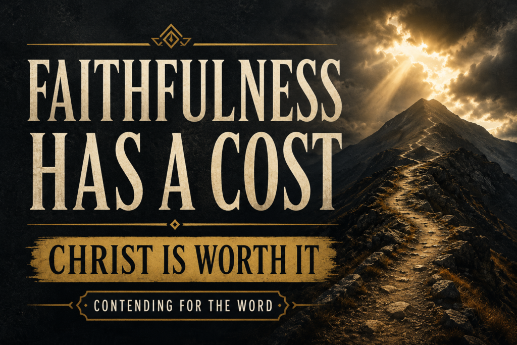 A dramatic Christian ministry thumbnail featuring a narrow rocky mountain path climbing toward a distant summit beneath dark storm clouds. Brilliant golden light breaks through the clouds and illuminates the rugged trail, symbolizing perseverance and faithful endurance. Deep charcoal textured background with cream serif typography displaying “FAITHFULNESS HAS A COST,” gold-accented text reading “CHRIST IS WORTH IT,” and a small banner labeled “CONTENDING FOR THE WORD.” The atmosphere is bold, hopeful, reverent, and visually striking, with no people and no Bible imagery.