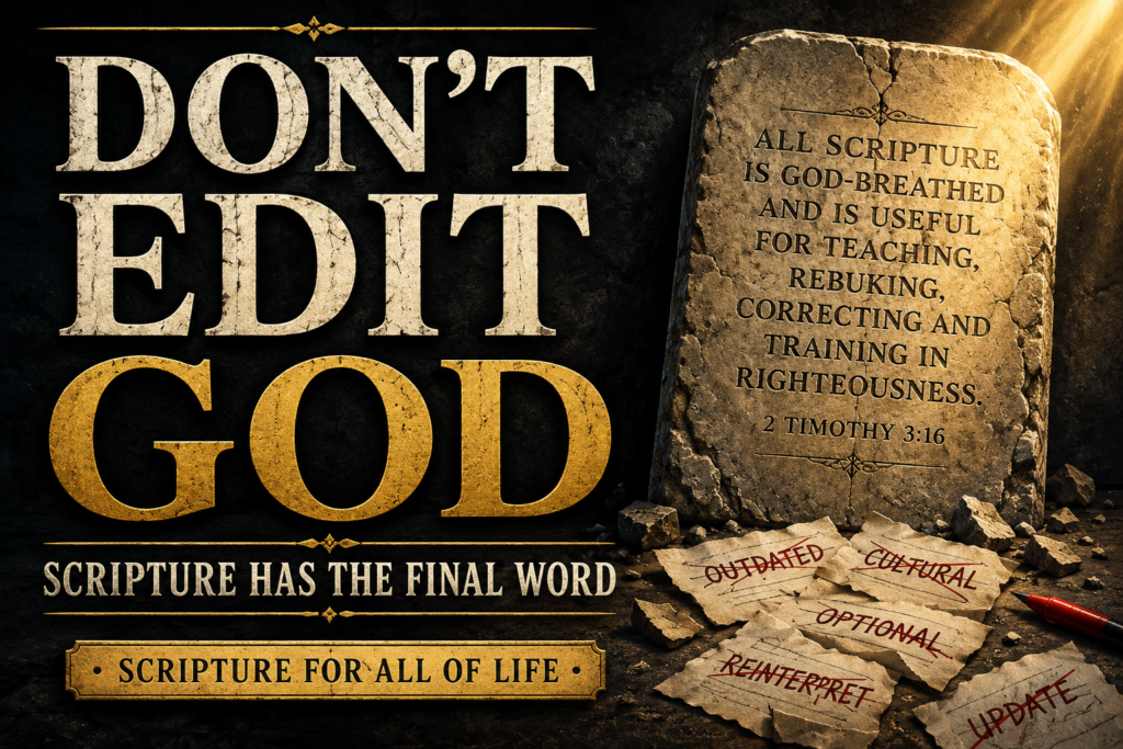 Don't Edit God: What's Really at Stake in the Sexuality Debate 4 "Don't edit God — thumbnail featuring 2 Timothy 3:16 on a stone tablet illuminated by golden light, with torn papers reading 'outdated,' 'cultural,' and 'reinterpret' scattered below, subtitle 'Scripture Has the Final Word,' Scripture for All of Life series banner"