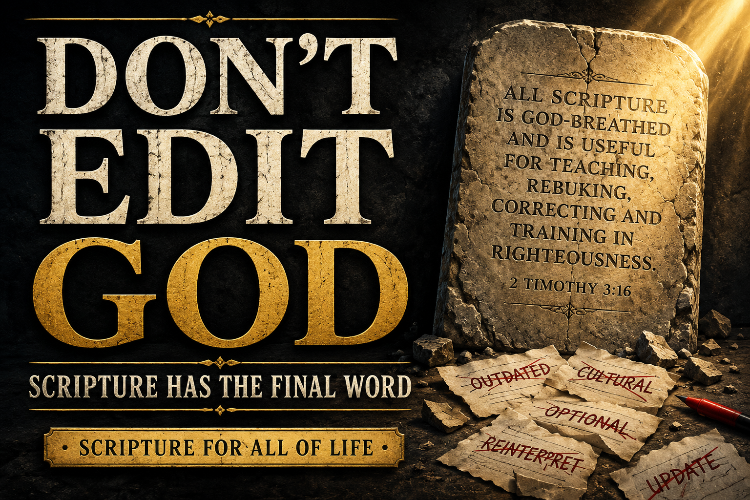 "Don't edit God — thumbnail featuring 2 Timothy 3:16 on a stone tablet illuminated by golden light, with torn papers reading 'outdated,' 'cultural,' and 'reinterpret' scattered below, subtitle 'Scripture Has the Final Word,' Scripture for All of Life series banner"
