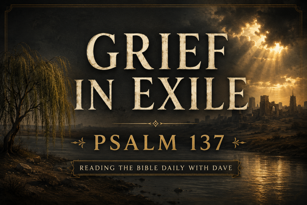 Psalm 137 Explained: Grief, Exile, and Hope in God 1 Alt text: Thumbnail for Reading the Bible Daily with Dave on Psalm 137 featuring the words “GRIEF IN EXILE” above “PSALM 137” in large cream serif text. A quiet river flows through a barren landscape beneath dark storm clouds, while golden sunlight breaks through the sky and illuminates the water. A willow tree stands near the riverbank, and the silhouette of a ruined city appears on the distant horizon. The banner reads “READING THE BIBLE DAILY WITH DAVE.” The overall tone is somber, reflective, and hopeful, capturing the grief and longing of Israel's exile in Babylon.