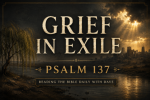 Alt text: Thumbnail for Reading the Bible Daily with Dave on Psalm 137 featuring the words “GRIEF IN EXILE” above “PSALM 137” in large cream serif text. A quiet river flows through a barren landscape beneath dark storm clouds, while golden sunlight breaks through the sky and illuminates the water. A willow tree stands near the riverbank, and the silhouette of a ruined city appears on the distant horizon. The banner reads “READING THE BIBLE DAILY WITH DAVE.” The overall tone is somber, reflective, and hopeful, capturing the grief and longing of Israel's exile in Babylon.
