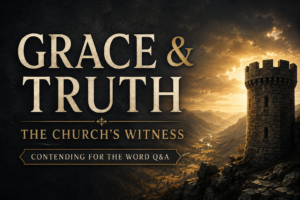 Stone watchtower overlooking a mountain valley at sunrise, illuminated by golden light breaking through clouds. Cream serif text reads “Grace & Truth” with “The Church’s Witness” beneath and a banner for “Contending for the Word Q&A.” Deep charcoal textured background with muted gold accents creates a strong, reverent atmosphere emphasizing biblical truth and Christlike love.