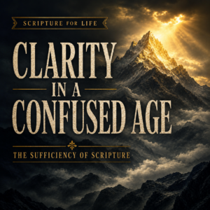 Standing firm in biblical truth above a confused age, a towering mountain peak rises through thick mist and dark valleys while brilliant golden light breaks through storm clouds to illuminate the summit. Cream serif typography reads “Clarity in a Confused Age” with the subtitle “The Sufficiency of Scripture” and a Scripture for Life banner, emphasizing the stability, authority, and clarity of God's Word amid cultural confusion.
