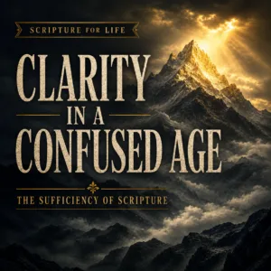 Standing firm in biblical truth above a confused age, a towering mountain peak rises through thick mist and dark valleys while brilliant golden light breaks through storm clouds to illuminate the summit. Cream serif typography reads “Clarity in a Confused Age” with the subtitle “The Sufficiency of Scripture” and a Scripture for Life banner, emphasizing the stability, authority, and clarity of God's Word amid cultural confusion.