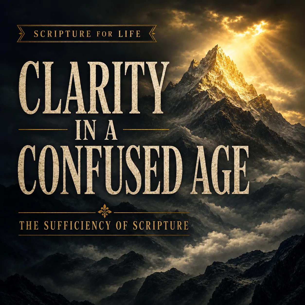 Standing firm in biblical truth above a confused age, a towering mountain peak rises through thick mist and dark valleys while brilliant golden light breaks through storm clouds to illuminate the summit. Cream serif typography reads “Clarity in a Confused Age” with the subtitle “The Sufficiency of Scripture” and a Scripture for Life banner, emphasizing the stability, authority, and clarity of God's Word amid cultural confusion.