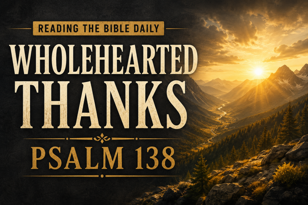Golden sunrise breaking across a mountain valley with winding river and rugged peaks in the distance. Large cream serif text reads “WHOLEHEARTED THANKS” with “PSALM 138” beneath it, set against a deep charcoal textured background with gold accents, emphasizing gratitude, God's faithfulness, and worship.
