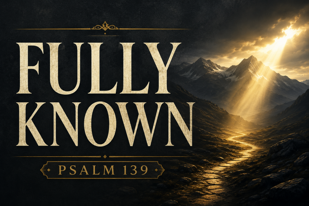 Psalm 139 thumbnail featuring a deep charcoal textured background, a vast mountain landscape at dawn, and a winding path illuminated by a single beam of golden light breaking through dark clouds. Cream serif typography displays “FULLY KNOWN” with “PSALM 139” below in muted gold accents, symbolizing God's perfect knowledge, constant presence, and faithful guidance.