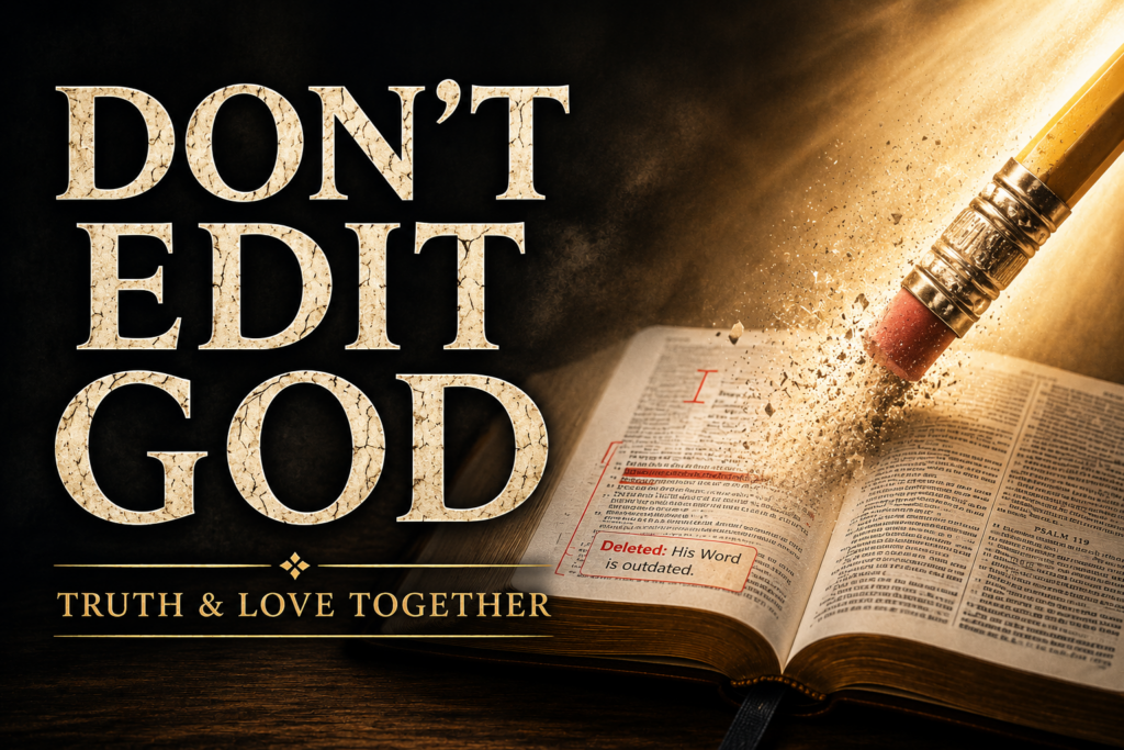 Thumbnail featuring the words “DON’T EDIT GOD” in large cream-colored serif text against a dark textured background. An open Bible rests on a wooden surface beneath golden rays of light. A pencil eraser is disintegrating into dust as it attempts to erase red editing and deletion marks on the Bible’s pages, symbolizing the futility of revising God’s Word. The subtitle reads “TRUTH & LOVE TOGETHER” in gold serif text at the bottom.