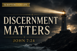 Judge Not article graphic featuring a lighthouse standing above a stormy coastline with a beam of light cutting through darkness, symbolizing righteous judgment and biblical discernment from John 7:24 in the Scripture for Life series by Dave Jenkins.