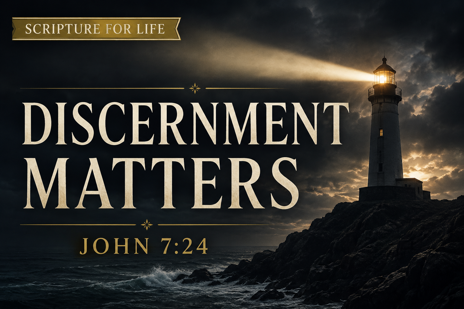 Judge Not article graphic featuring a lighthouse standing above a stormy coastline with a beam of light cutting through darkness, symbolizing righteous judgment and biblical discernment from John 7:24 in the Scripture for Life series by Dave Jenkins.