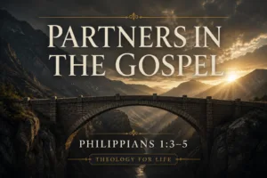 Stone bridge spanning a deep mountain valley at sunrise, symbolizing gospel partnership and Christian fellowship, with golden light breaking through clouds above rugged peaks and the title “Partners in the Gospel” from Philippians 1:3–5.