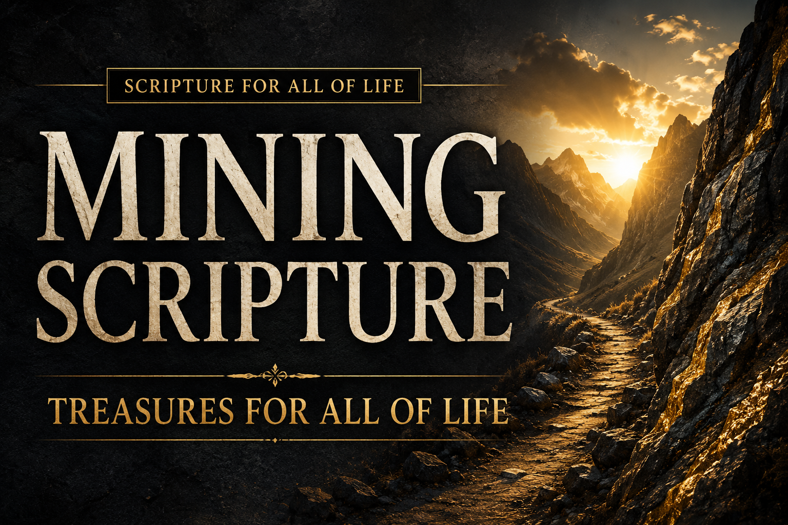 Mountain pass at dawn illuminated by golden sunlight breaking through rugged cliffs, symbolizing the treasures of Christ found in Scripture. Large cream serif text reads “Mining Scripture” with “Treasures for All of Life” beneath, highlighting the depth, clarity, and richness of God's Word for every believer.
