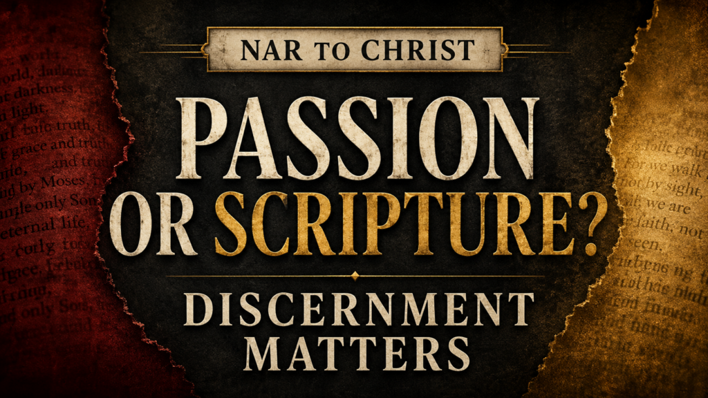 Brian Simmons, the Passion Translation, and Biblical Discernment 4 Graphic thumbnail reading “Passion or Scripture? Discernment Matters” for NAR to Christ, with cream and gold serif text on a dark charcoal, crimson, and gold parchment-style background.