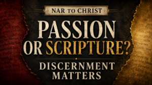 Graphic thumbnail reading “Passion or Scripture? Discernment Matters” for NAR to Christ, with cream and gold serif text on a dark charcoal, crimson, and gold parchment-style background.