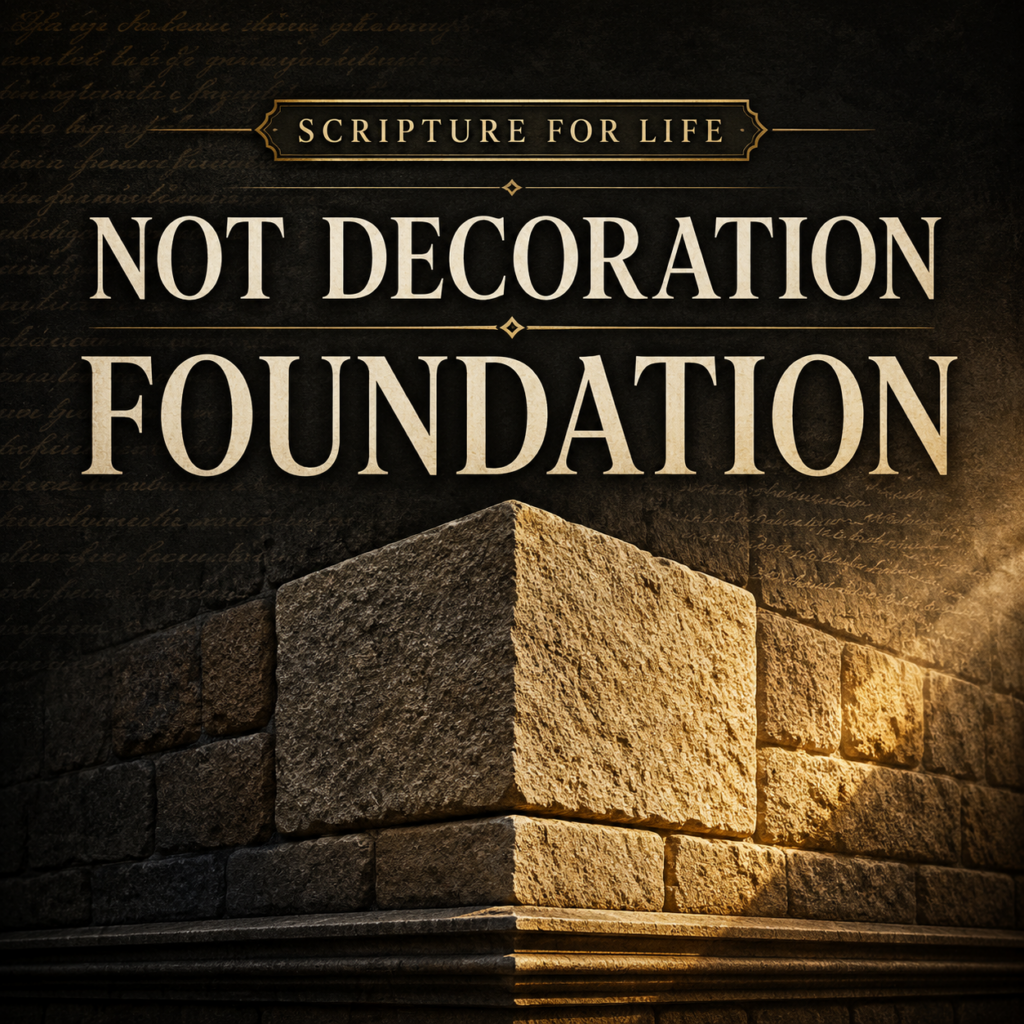 Scripture Engagement: We Don’t Need Less Scripture—We Need More 4 Scripture engagement graphic with “Not Decoration, Foundation” text over a large stone cornerstone wall illuminated by golden light.