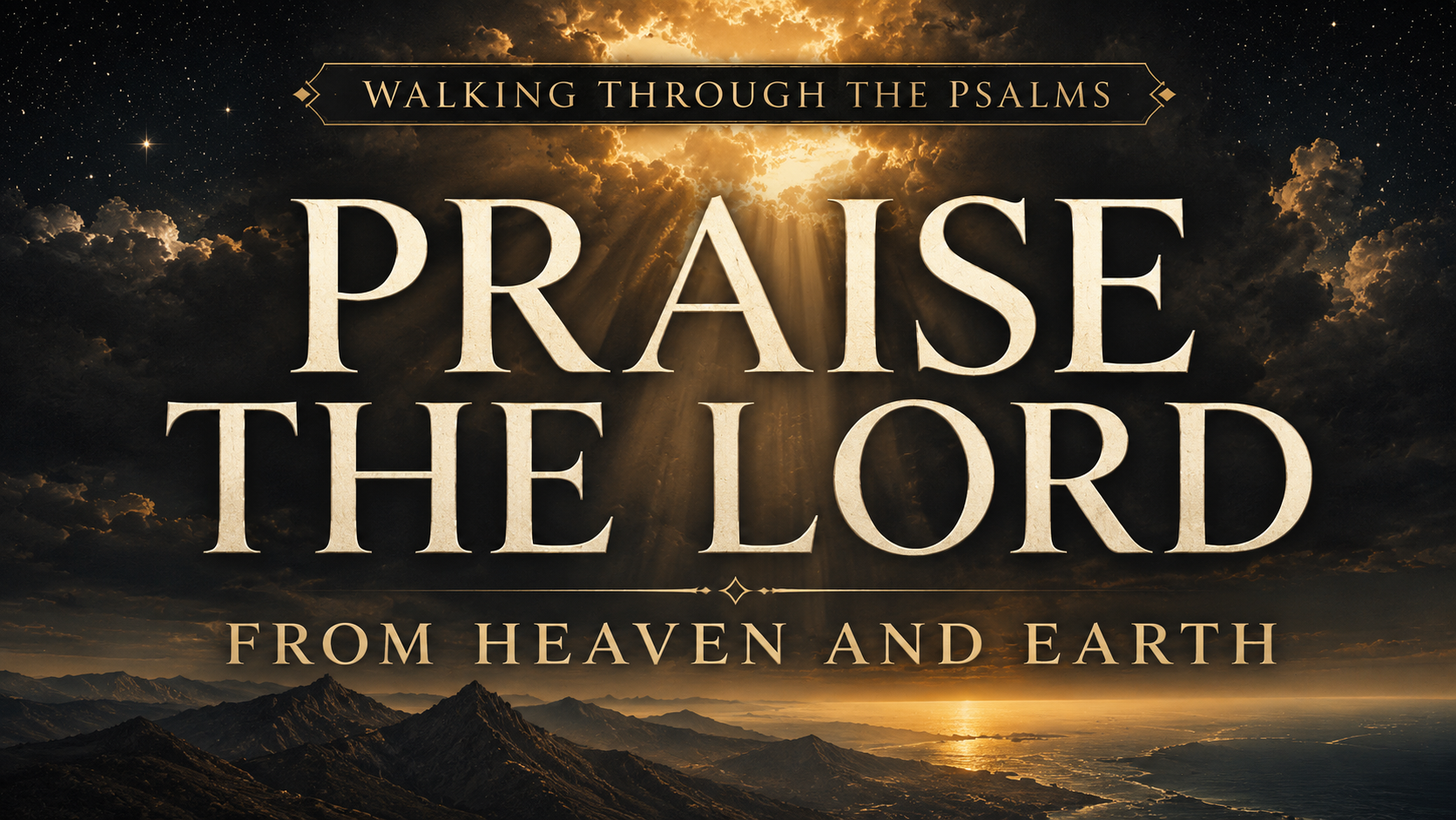 Psalm 148 thumbnail with golden light breaking through dark clouds over mountains and sea, featuring the text “Praise the Lord from Heaven and Earth.