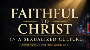 Faithful to Christ in a Sexualized Culture thumbnail with cream serif text over a dark charcoal background, golden light, and blurred city lights.