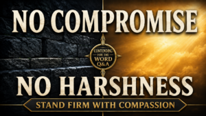 Thumbnail with large cream serif text reading “NO COMPROMISE” and “NO HARSHNESS,” a central emblem reading “Contending for the Word Q&A,” and a bottom banner reading “Stand Firm with Compassion,” set against a split background of dark stone on the left and radiant golden light on the right.