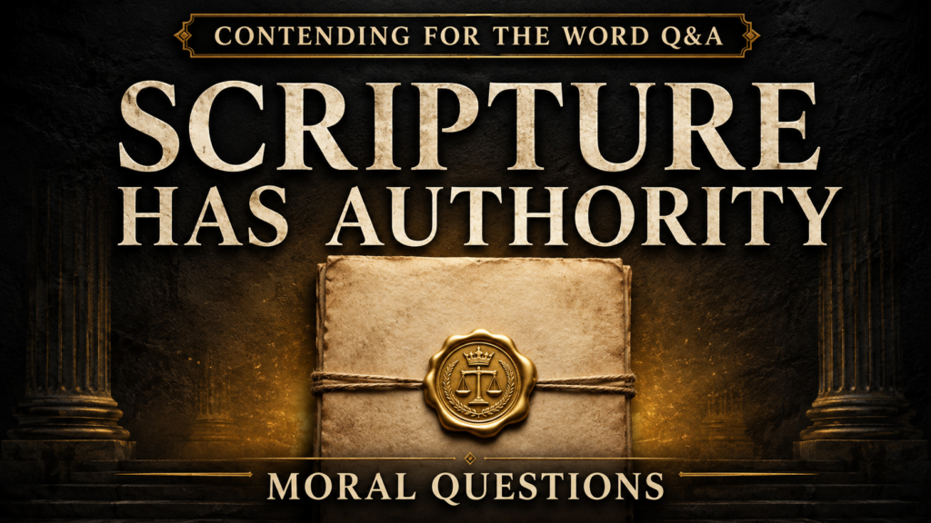 The Authority of Scripture in Moral Questions 3 YouTube thumbnail for “Contending for the Word Q&A” featuring large cream serif text reading “Scripture Has Authority” above a sealed parchment document with a gold wax seal, and “Moral Questions” at the bottom, set against a dark charcoal background with warm gold light and faint classical columns.