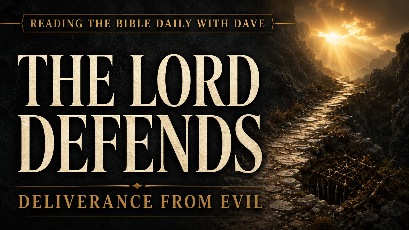Thumbnail for Psalm 140 showing “The Lord Defends” and “Deliverance from Evil” over a dark rocky path with a hidden snare and golden light breaking through the mountains.
