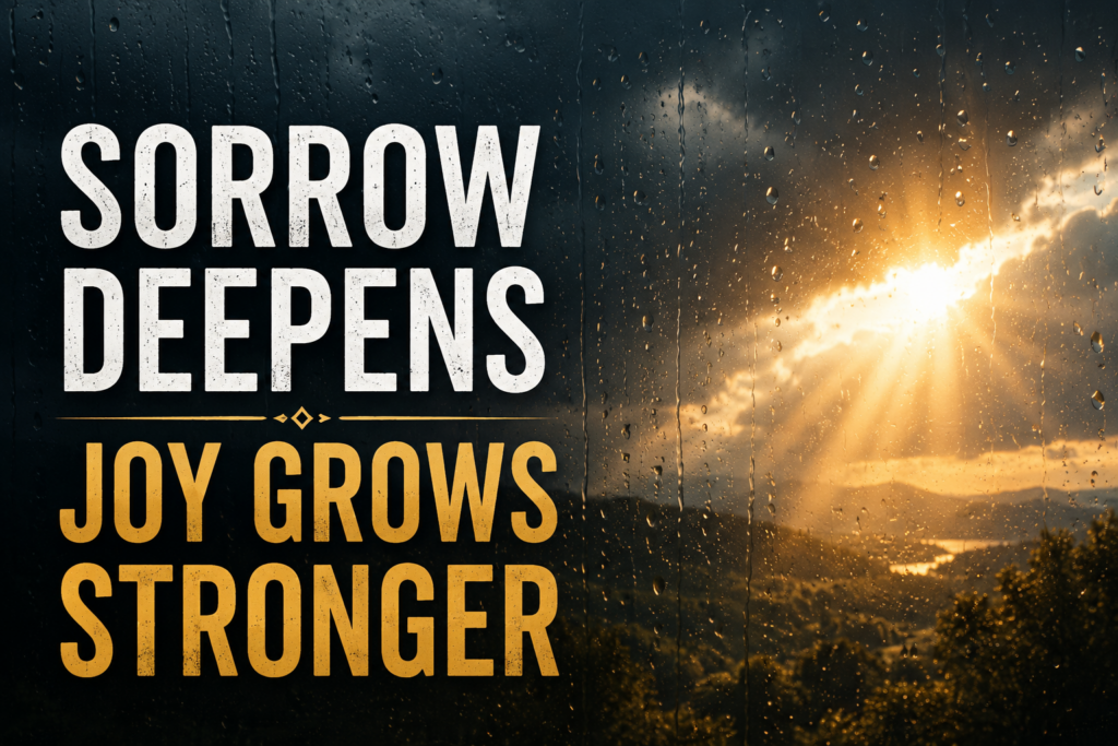 Our Sorrows Keep Getting More Sorrowful and Joys Keep Getting More Joyful 2 Rain-covered window with dark storm clouds giving way to warm sunlight, with the words “Sorrow Deepens, Joy Grows Stronger.”
